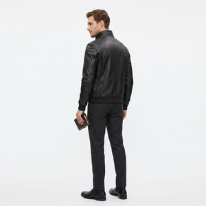 LEATHER <b>TEX</b> Men's Black Sheepskin Leather Bomber Jacket Stand Collar Zipper Closure Moto Style Slim Fit Autumn Wear Quick Dry - Product Image 2