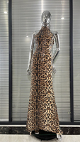 Robe longue élégante et sexy sans manches, dos nu, imprimé léopard, à sequins, antistatique, coupe trapèze, pour soirée formelle