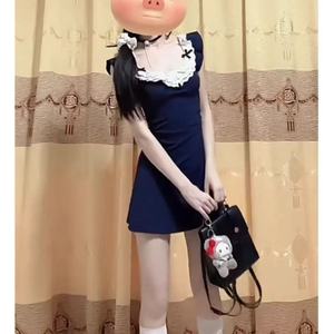 French Style Lace Patchwork Summer Dress Navy Blue Fitted Waist Flounce Collar Solid Color Daily Casual Dress - Product Image 5