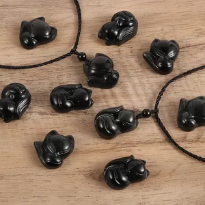 Unisex Men Women Cute Animal Charms Adjustable Natural Black Obsidian Stone Fox Pendant Necklace