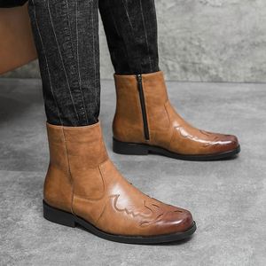 Botas vaqueras de hombre con cremallera lateral, tacón bajo, bordado y detalles de costura, estilo cowboy - Product Image 6