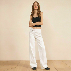 Pantalones vaqueros casuales cómodos de cintura alta con doble botonadura, diseño de cintura con botones, tela vaquera blanca lavada, corte holgado y acampanado. - Product Image 3