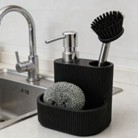 Distributeur de savon de cuisine moderne 3-en-1 vertical en polyrésine cannelée, étanche et durable, avec panier de rangement multifonctionnel à 3 compartiments pour évier