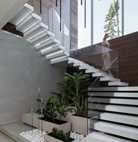 Escalier flottant architectural moderne en bois avec bande LED intégrée, matériaux durables et écologiques pour les maisons à plan ouvert