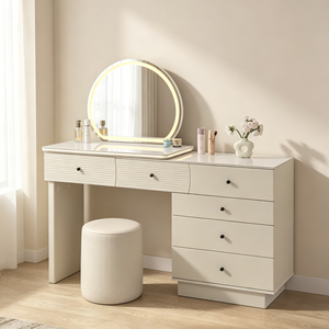 Ensemble coiffeuse crème brillant avec miroir LED rond, tabouret cylindrique horizontal à 6 tiroirs, armoire extensible et bureau de maquillage - Product Image 4