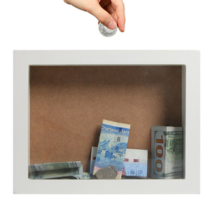Cajas de madera blanca para dinero, caja de dinero en blanco sin terminar, banco con ventana de vidrio - Product Image 1