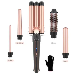 Hair Tools 32mm 5 In 1 Interchangeable Electric Curling Irons Hair Straightener Brush Rotating Ceramic Automatic Hair Curler