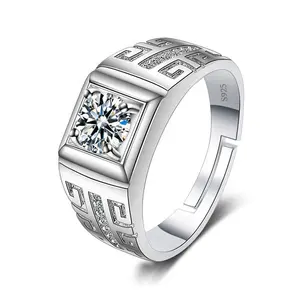 JM Men's Silver Ring 925 Sterling Plata 925 Ring Created Crystal Pave CZ 3A Princess Cut Wedding Band Size 6-12 for Men