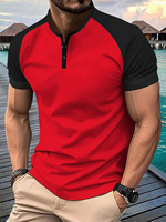 Camiseta de Punto Formal Holgada con Cuello Redondo en Contraste Rojo y Negro para Hombre, 220g, Estampada, Moda Casual, Manga Corta