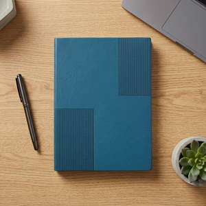 Elegant Blue Leather Composition Book Hardcover with Textured Panels Design PU Leather <b>Diary</b> with <b>Custom</b> Metal Plate - Product Image 2