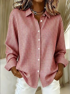 Camisa a cuadros de manga larga para mujer, blusa con botones, estampado a cuadros, informal, para oficina - Product Image 1