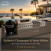 Meuble de cuisine extérieur moderne de luxe en acier inoxydable sur mesure avec porte vitrée, évier, robinet, charnière, tiroir coulissant et panier pour appartement