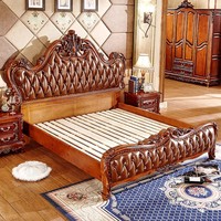 Europäischer Stil Massivholz-Lederbett mit Gepolsterter Rückenlehne 1,8 Meter Retro-Farbe Einzelbett - Schlafzimmermöbel