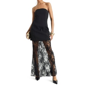 Robe longue noire évasée sans bretelles, tissée, unie, avec fermetures éclair à la taille, dentelle structurée, logo personnalisé – Meilleure vente - Product Image 1