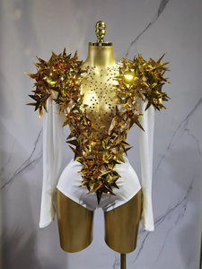 <span class=keywords><strong>Combinaison</strong></span> sexy européenne et américaine en velours noir à paillettes étoiles dorées, à fente haute, pour costume de bar Gogo et tenue de danse disco chinoise - Product Image 2
