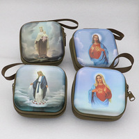 Boîte à pendentif chapelet catholique, boîte à monnaie, boîte en étain pour emballage, étui de rangement, sac à fermeture éclair, breloque de bagage