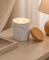 Bougie parfumée en cire de soja dans un pot en céramique marbrée avec couvercle en bambou, décoration d'intérieur personnalisée, cadeau OEM