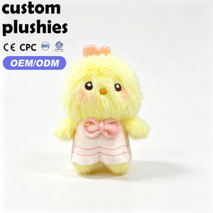 Llavero de Peluche de Pollito Amarillo Personalizado OEM, Adorno de Bolso de Pollito Esponjoso con Lazo y Vestido Rosa para Regalos del Día del Niño - Product Image 1