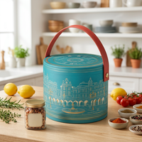 Boîte cadeau cylindrique de style européen haut de gamme en papier spécial cyan avec logo personnalisé, fabriquée à la main, avec poignée en cuir, pour aliments et noix