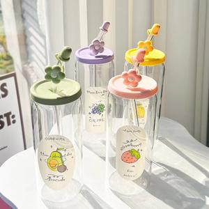 Gobelet à paille en verre borosilicate de haute qualité, motif floral mignon, grande capacité 600 ml, écologique, portable, moderne, cadeau de fête pour la main - Product Image 1