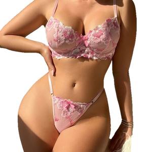 Set Bra dan Celana Dalam Seksi Bordir Bunga Pink Nyaman dengan Kawat Penyangga, Desain Eropa Amerika Serikat, ODM - Product Image 5