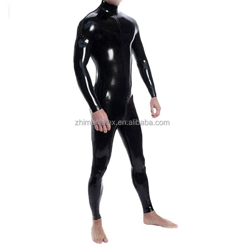 Combinaison Catsuit en Latex Zentai pour homme, combinaison Sexy en Latex, manches longues avec épaule, fermeture éclair, caoutchouc de 0.4MM