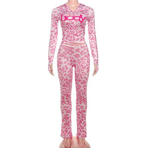 カジュアルパネルヒョウ女性パンツセットレタープリントジップアップトップス + スキニー弾性ズボン女性ストリート2ピース - Product Image 6