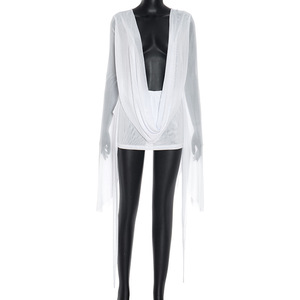 Nuovo <span class=keywords><strong>Abito</strong></span> Estivo Mini Sexy in Rete a <span class=keywords><strong>Maniche</strong></span> <span class=keywords><strong>Lunghe</strong></span> da Donna, Elegante e Casual con Pieghe, Volant, Irregolare, Scavato e Senza Schienale - Product Image 5