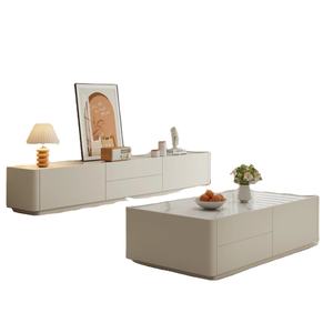 Ensemble console <span class=keywords><strong>TV</strong></span> et table basse blanc crème moderne : matériau éco-responsable, finition haute brillance, rangement avec tiroirs - Product Image 3