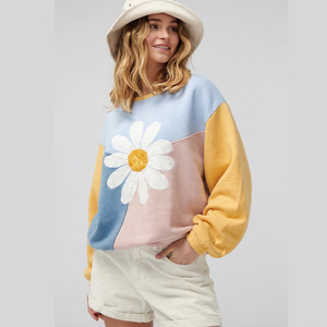 <b>Women's</b> Color Block Crewneck Sweatshirt Long Sleeve Floral Applique Pullover - Product Image 1