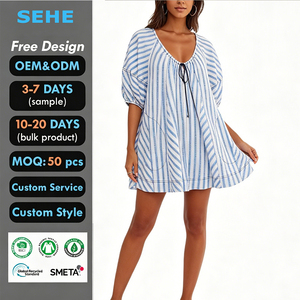 Combinaison décontractée <span class=keywords><strong>ample</strong></span> à rayures et col en V pour <span class=keywords><strong>femme</strong></span>, avec cordon de serrage, taille élastique, en tissu froissé, idéale pour les vacances et la plage, Sehe Fashion - Product Image 1