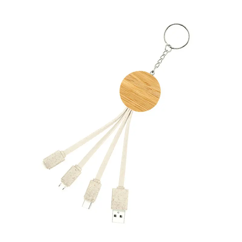 Werbegadget Bambus biologisch abbaubar Weizenstroh schnelles Aufladen Typ C USB-Kabel Schlüsselanhänger 3 in 1 Datenkabel USB-Datenkabel