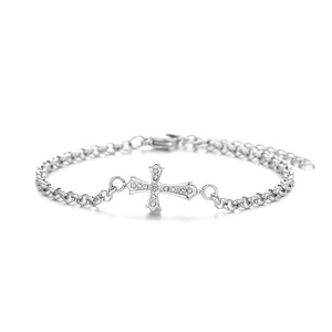 Bracciale a catena con croce in acciaio inossidabile tempestato di cristalli, bicolore oro e argento - Product Image 1