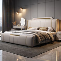 Cama Doble de Lujo Moderna de Alta Gama con Estructura de Madera, Tapizada en Tela Suave, con Luz LED, Sofá Multifuncional para Bodas