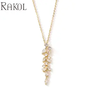 RAKOL NP5071批发时尚饰品叶氧化锆水晶吊坠项链个性纯银声明项链