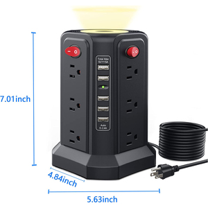 12 AC Multiple Outlets/Power Strip <strong>Tower</strong> with Surge Protector 5 USB Ports and Night Light 10FT <strong>Extension</strong> Cord - Product Image 4