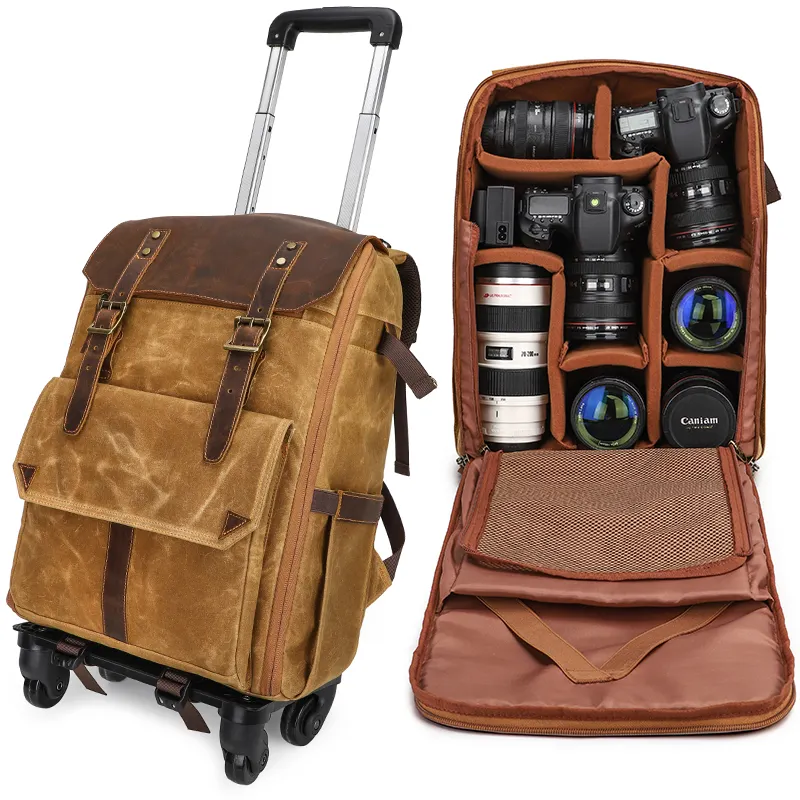 Professional Photographer Vintage DSLR Camera Rolling Bag Roller Backpack With Wheels