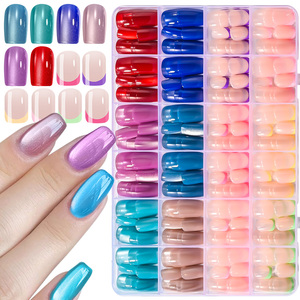288 <span class=keywords><strong>faux</strong></span> ongles à presser, rouge et bleu, effet œil de chat, forme cercueil moyenne, style français coloré, courts, ronds, carrés, brillants et pailletés - Product Image 3