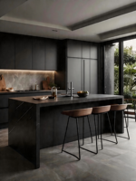 Cuisine modulaire noire moderne JINGSHUN avec îlot, grande capacité de rangement, mobilier sur mesure, approvisionnement en gros pour le secteur immobilier