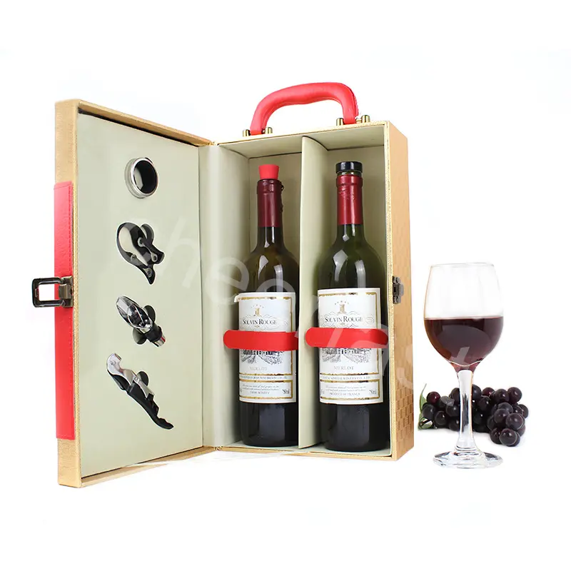 הכי חדש עיצוב עור מפוצל אדום יין אריזת מתנה עם 4 חתיכה יין אבזר סט מעוור יין אריזת בקבוק