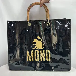 Fashion Handbag Clear Transparent PVC Handbag With White Handle Bamboo Handle