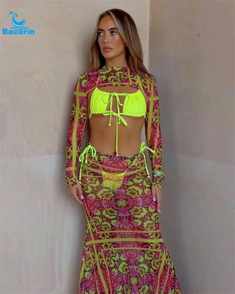 High Quality Diamond Swimsuit&Bikini Printed Sarong Pareo Three Pieces Swimsuit Manufacturer Custom Women Swimwear