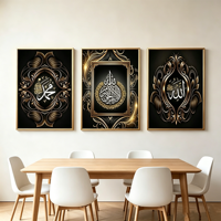 Lot de 3 affiches Eid Al Fitr, toile marbrée, peinture en porcelaine diamantée, calligraphie islamique arabe, art mural avec cadre