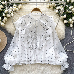 Chemisiers et chemises pour femmes personnalisés, nœud papillon français, bord en feuille de lotus, <span class=keywords><strong>motif</strong></span> imprimé en forme de cœur, chemisiers en mousseline de soie - Product Image 3