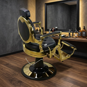 Sillón de Barbería Hidráulico Negro Dorado, Silla de Estilismo Reclinable con Reposapiés para Peluquería - Product Image 4