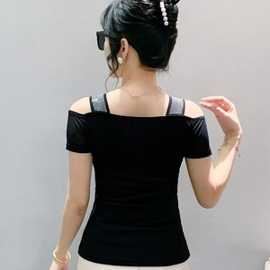 Magliette alla Moda per Ragazze con <span class=keywords><strong>Spalle</strong></span> <span class=keywords><strong>Scoperte</strong></span>, T-Shirt con Cuore Floreale, Camicie di Lusso con Strass e Rose a Manica Corta - Product Image 5