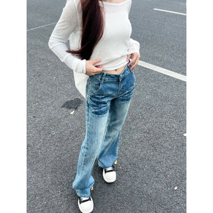 กางเกงยีนส์ขาตรงเอวสูงสำหรับผู้หญิง, กางเกงขาบานยาวถึงพื้นทรงหลวมอเนกประสงค์สไตล์อเมริกันย้อนยุคสำหรับฤดูใบไม้ผลิฤดูใบไม้ร่วงและ2025 - Product Image 1