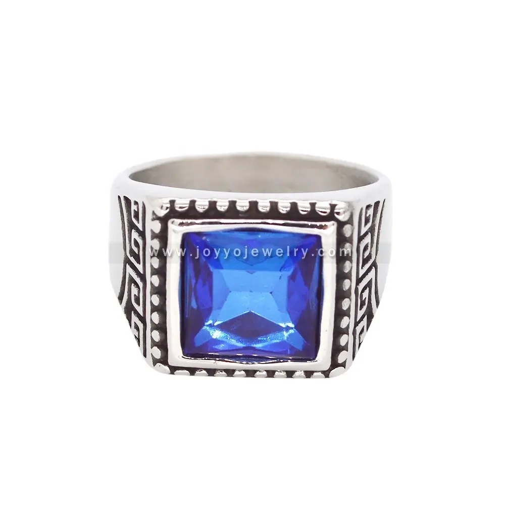 แหวนเงินชุบคริสตัลสีฟ้าผู้ชายแหวนสแตนเลสแซฟไฟร์หินผู้ชายแหวนชุบเงินโบราณ