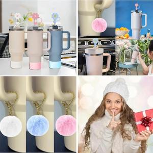 Juego de decoración de copa ecológica Ice Dominator, colgante de cadena de pompón Rosa bonito, manga de sombrero de paja de flor de 10mm para tazas - Product Image 4
