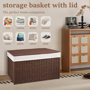 Panier <span class=keywords><strong>de</strong></span> rangement pliable en corde <span class=keywords><strong>de</strong></span> papier 65L-105L avec couvercle, panier à <span class=keywords><strong>linge</strong></span>, panier à couvertures avec doublure amovible séparée - Product Image 3